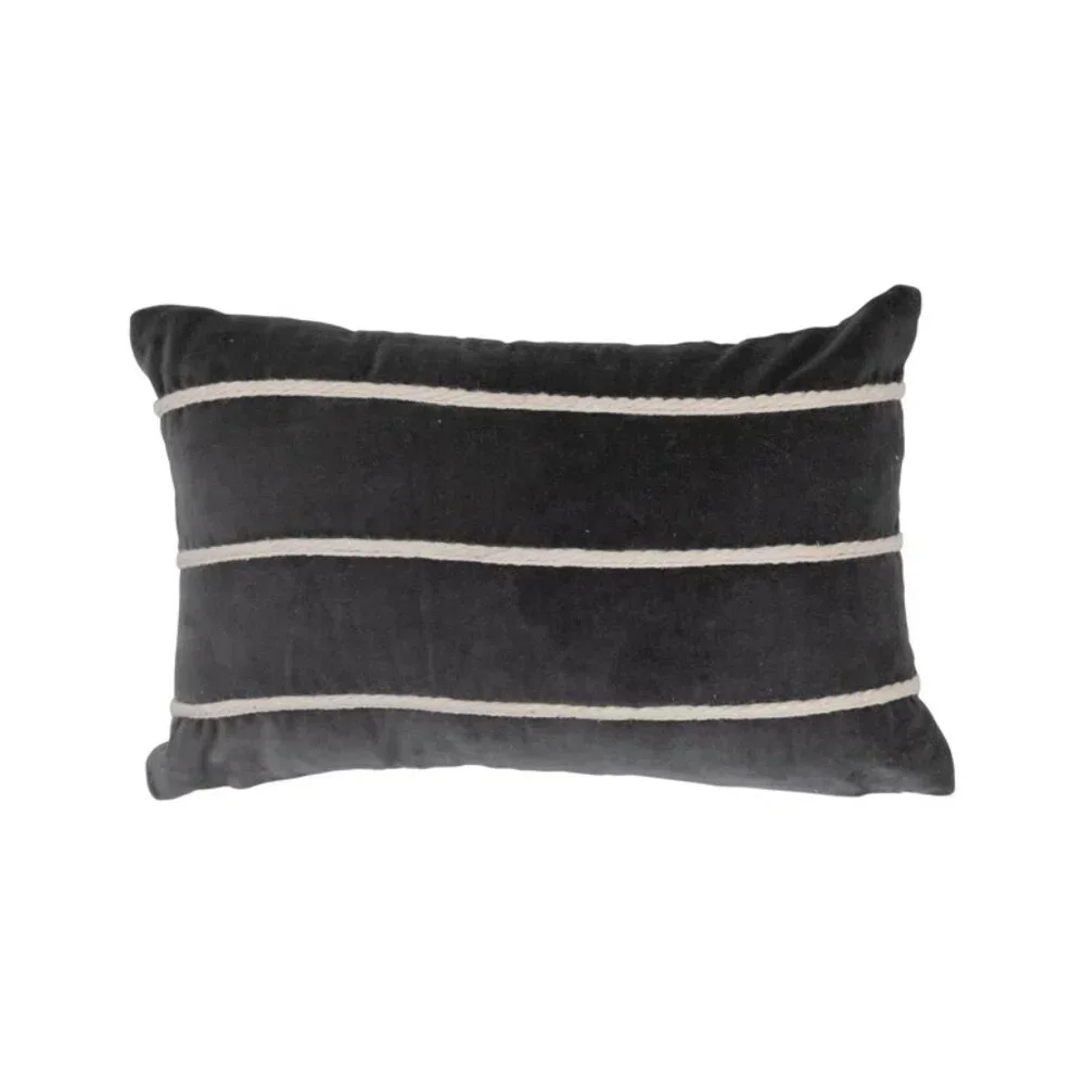 Creative Co-Op Grey/White Velvet Lumbar Pillow with Appliqué Stripes/NIP